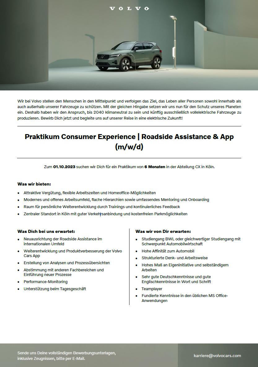 Volvo Car Germany GmbH: Praktikum im Bereich BWL – Consumer Experience