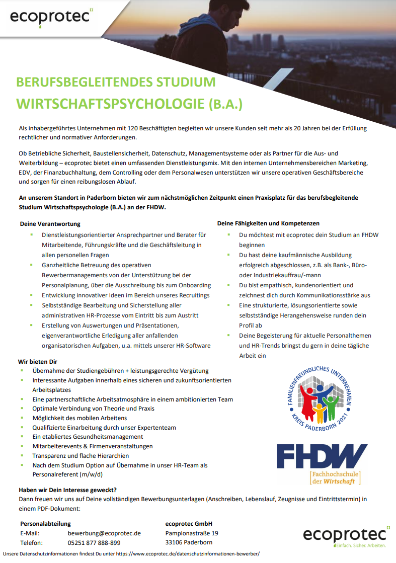 ecoprotec GmbH: Berufsbegleitendes Bachelor-Studium Betriebswirtschaft – Wirtschaftspsychologie (B.A.)