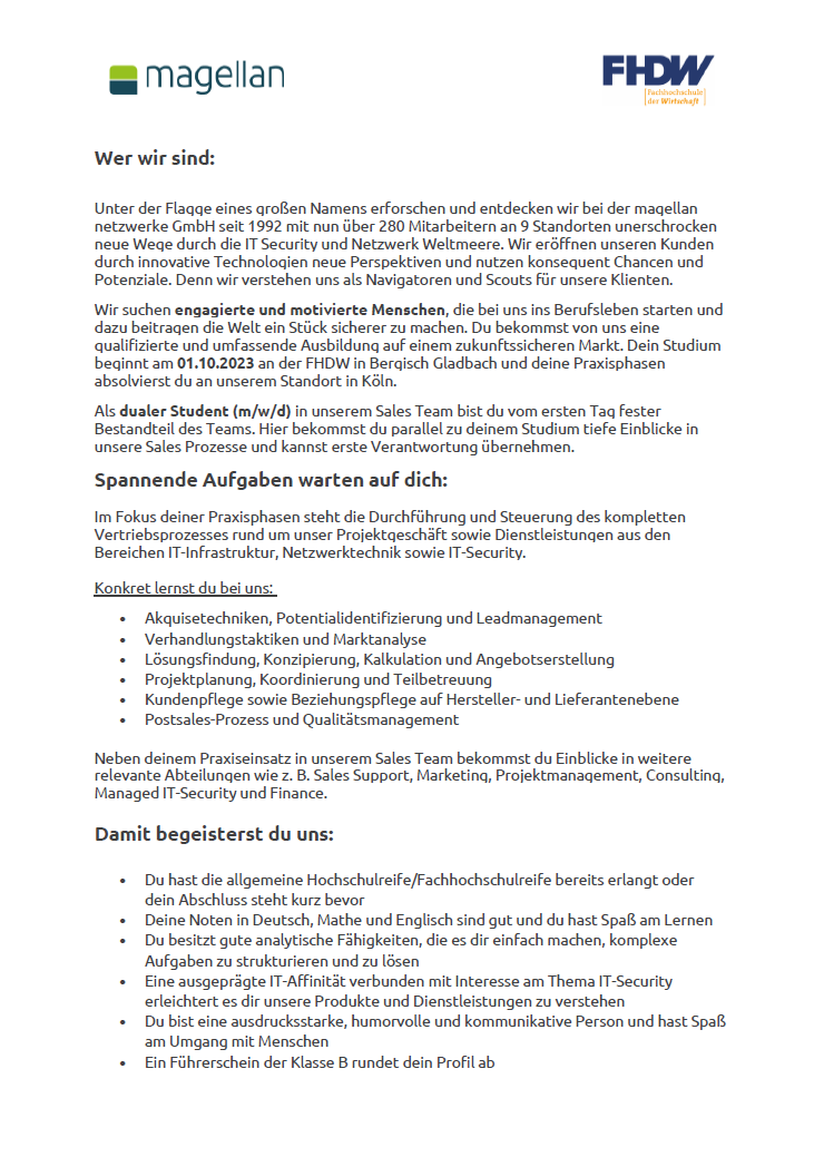 magellan netzwerke GmbH: Duales Bachelor-Studium Betriebswirtschaft – Business Management (B.A.)