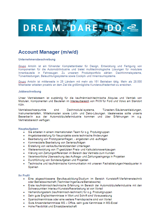 ANTOLIN GmbH: Duales Studium Betriebswirtschaft (B.A.) – Automotive Management, Business Management oder Vertriebsmanagement