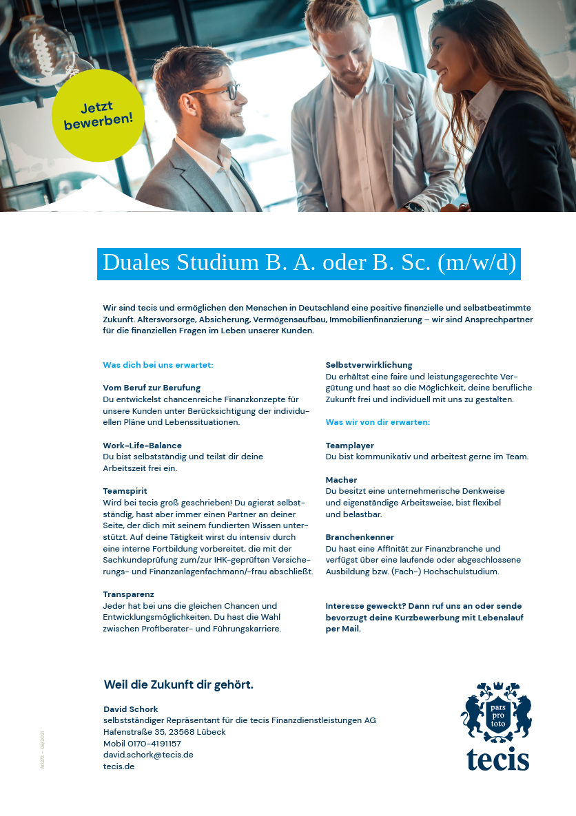 tecis Finanzdienstleistungen AG: Duales Studium Betriebswirtschaft (B.A.) – Business Management oder Vertriebsmanagement