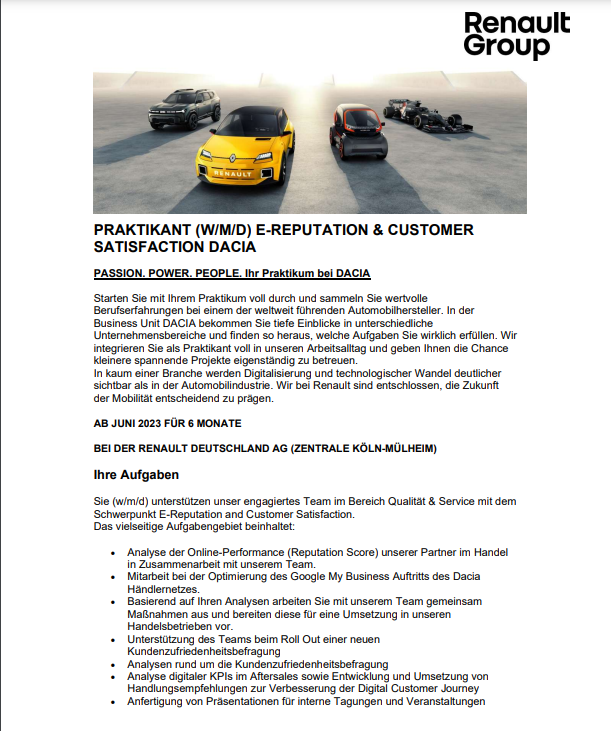 Renault Deutschland AG: Praktikum im Bereich BWL – E-Reputation & Customer Satisfaction