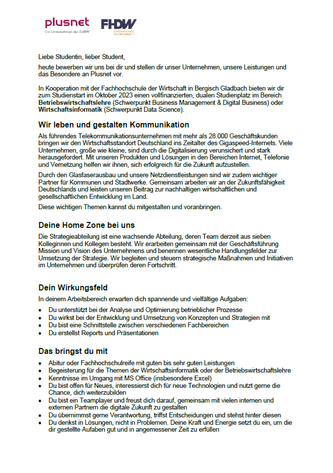 Plusnet GmbH: Duales Studium Betriebswirtschaftslehre (B.A.) oder Wirtschaftsinformatik (B.Sc.)