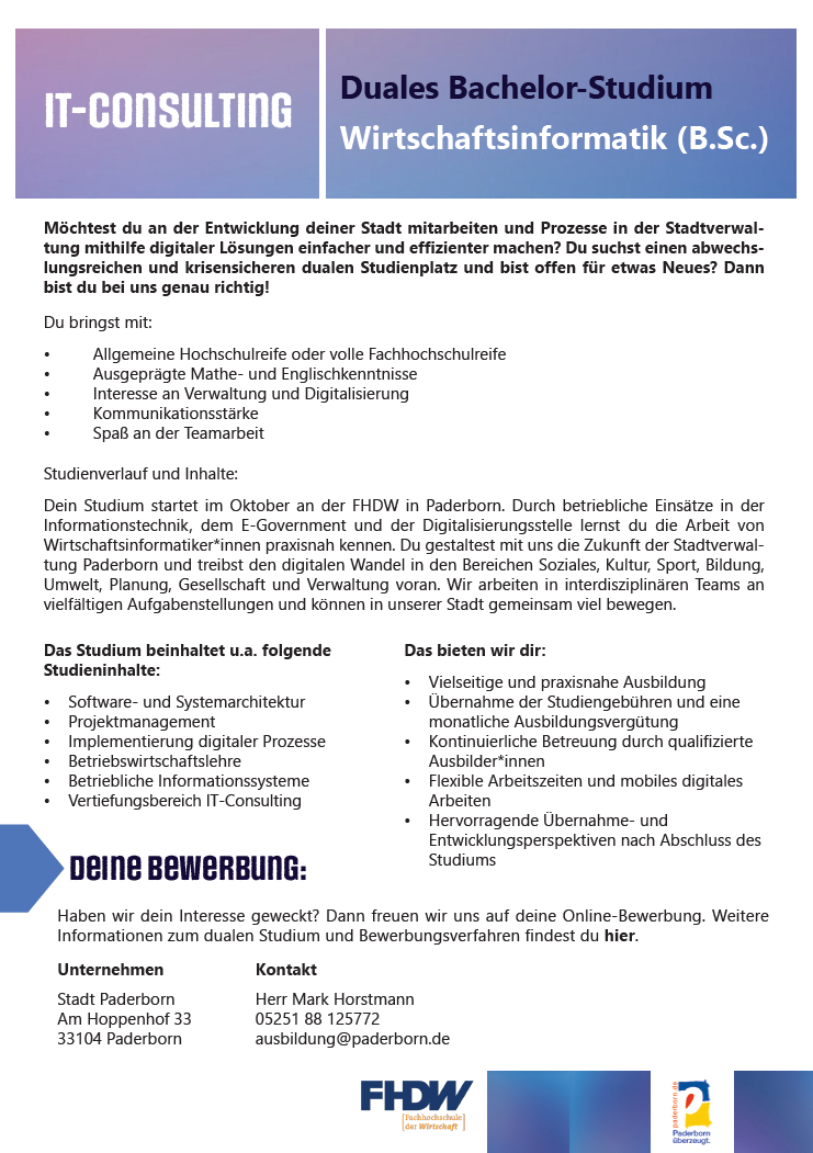 Stadt Paderborn: Duales Studium Wirtschaftsinformatik – IT-Consulting  (B.Sc.)