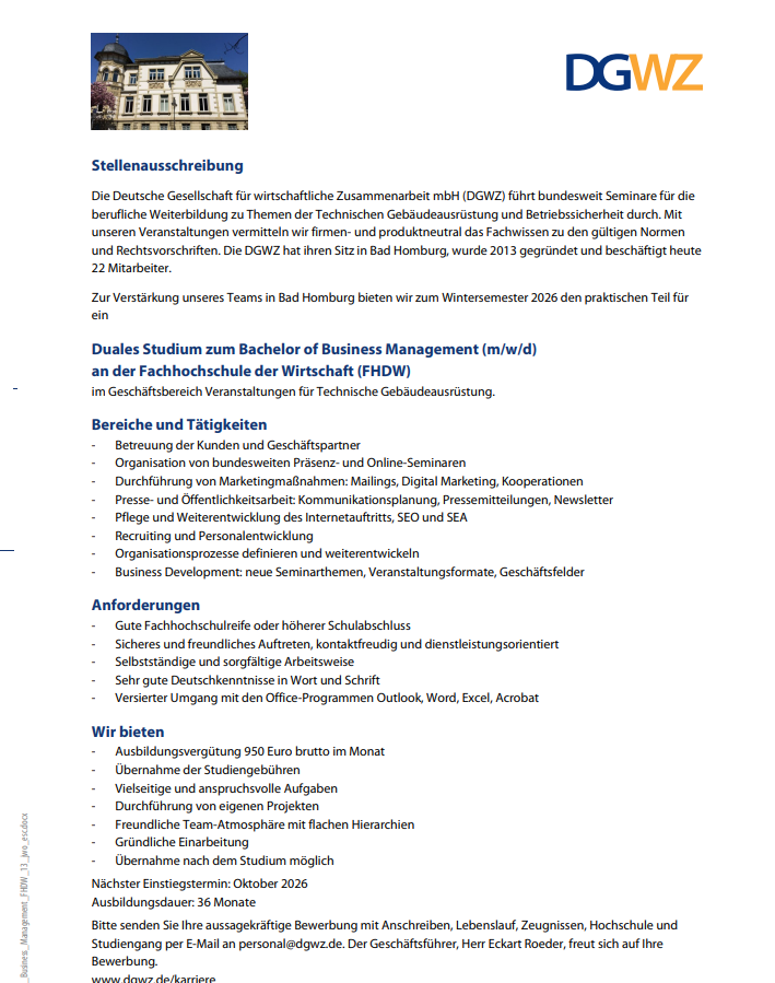 Deutsche Gesellschaft für wirtschaftliche Zusammenarbeit mbH: Duales Bachelor-Studium Betriebswirtschaftslehre – Business Management (B.A.)