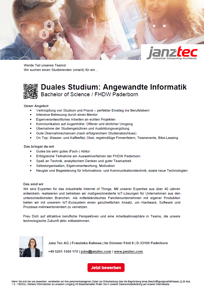 Janz Tec AG: Duales Bachelor-Studium Angewandte Informatik (B.Sc.)