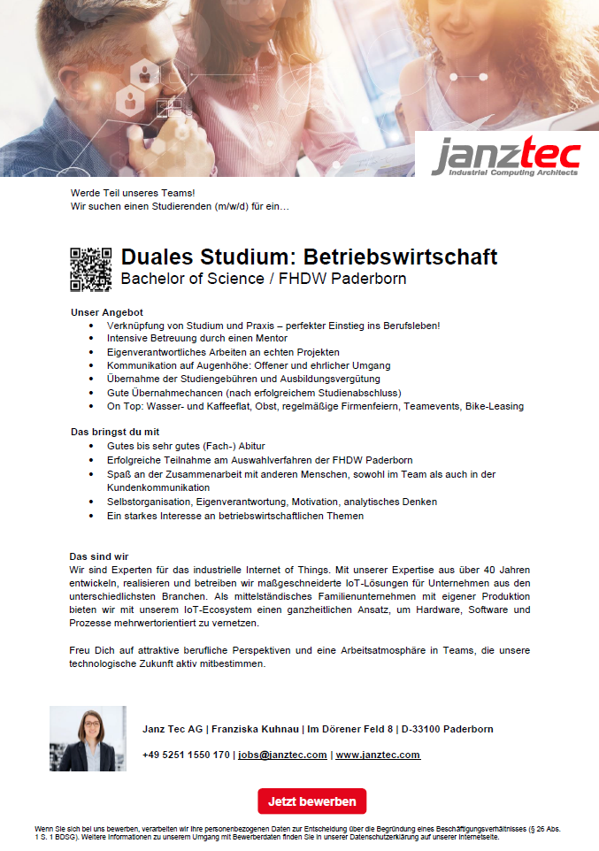 Janz Tec AG: Duales Bachelor-Studium Betriebswirtschaft (B.A.)