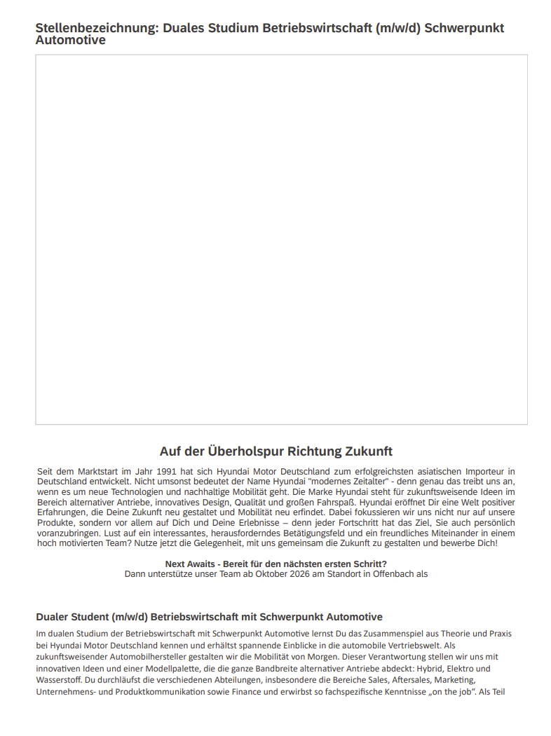Hyundai Motor Europe GmbH: Duales Bachelor-Studium Betriebswirtschaftslehre – Automotive and Mobility Management oder Automotive Industry and Sales Management (B.A.)