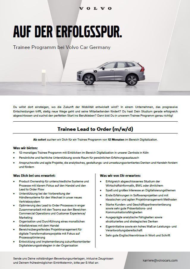 Volvo Car Germany GmbH: Trainee im Bereich BWL oder Wirtschaftsinformatik- People Experience