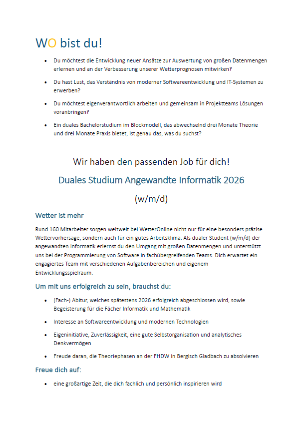 WetterOnline GmbH: Duales Bachelor-Studium Angewandte Informatik (B.Sc.)