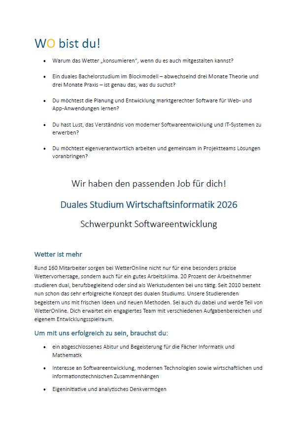WetterOnline GmbH: Duales Bachelor-Studium Wirtschaftsinformatik (B.Sc.)