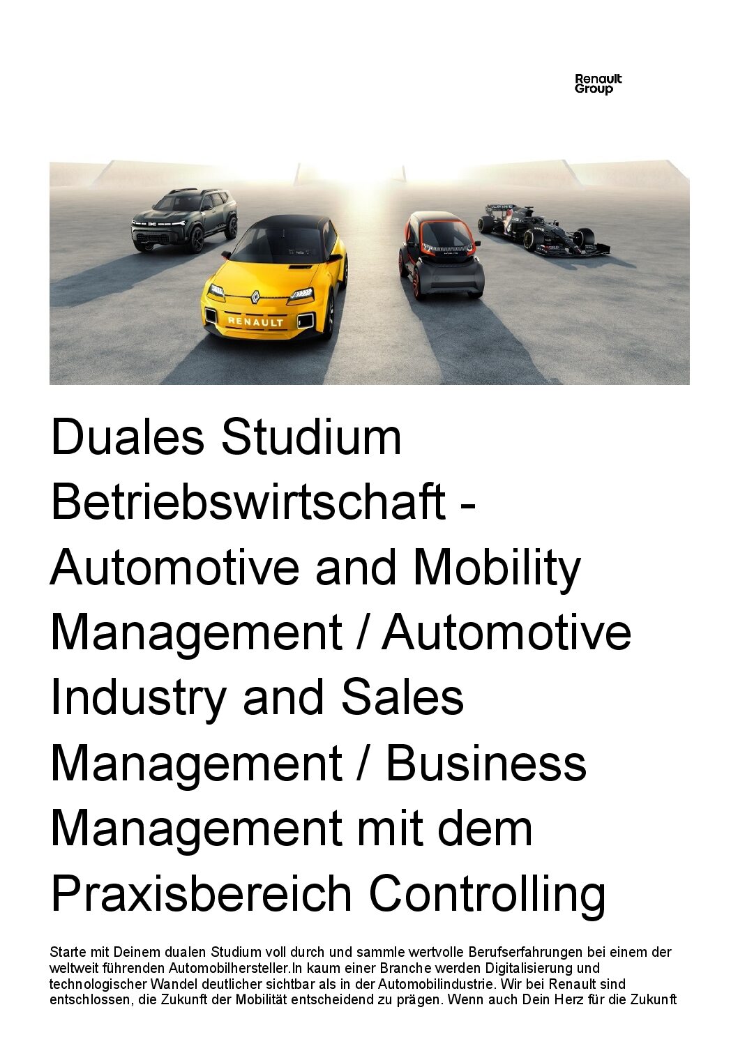 Renault Deutschland AG: Duales Bachelor-Studium Betriebswirtschaft – Automotive Management oder Business Management (B.A.)
