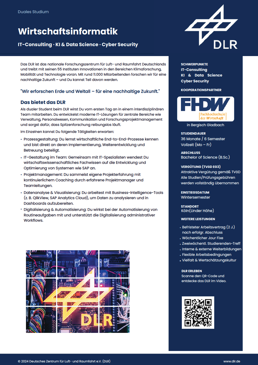 Deutsches Zentrum für Luft- und Raumfahrt e.V.: Duales Bachelor-Studium Wirtschaftsinformatik (B.Sc.)