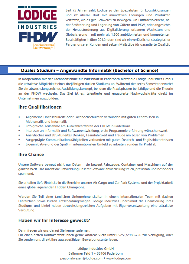 Lödige Industries GmbH: Duales Bachelor-Studium Angewandte Informatik (B.Sc.)