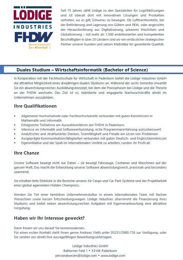 Lödige Industries GmbH: Duales Bachelor-Studium Wirtschaftsinformatik (B.Sc.)