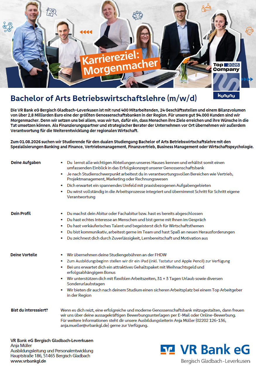 VR Bank eG: Duales Bachelor-Studium Betriebswirtschaft (B.A.)