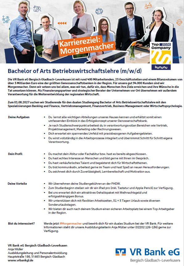 VR Bank eG: Duales Bachelor-Studium Betriebswirtschaft (B.A.)