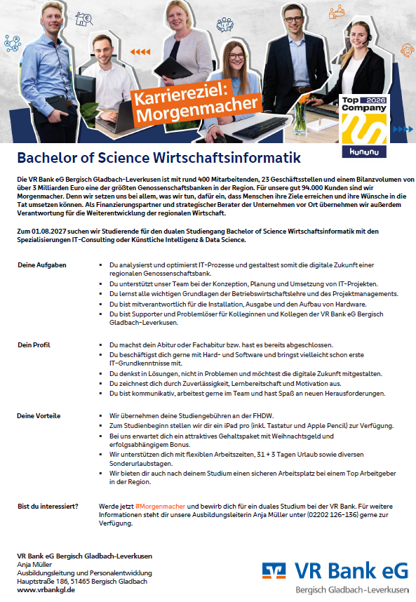 VR Bank eG: Duales Bachelor-Studium Wirtschaftsinformatik – IT Consulting oder Künstliche Intelligenz & Data Science (B.Sc.)
