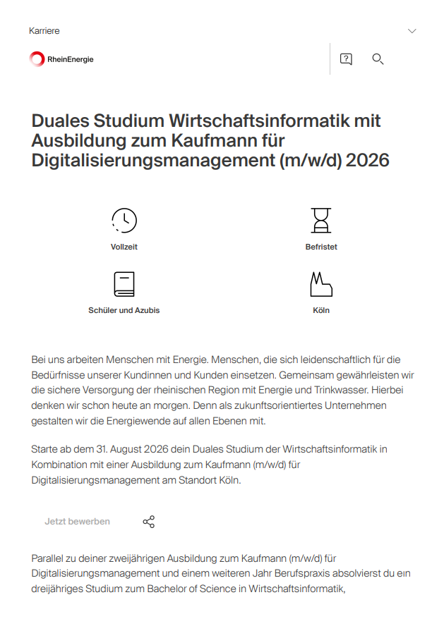 RheinEnergie AG: Duales Bachelor-Studium Wirtschaftsinformatik – IT-Consulting (B.Sc.)