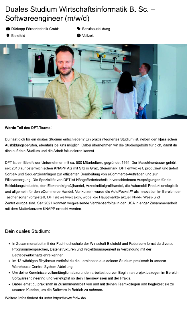 Dürkopp Födertechnik GmbH: Duales Bachelor-Studium Wirtschafsinformatik – Softwareengineering (B.Sc.)