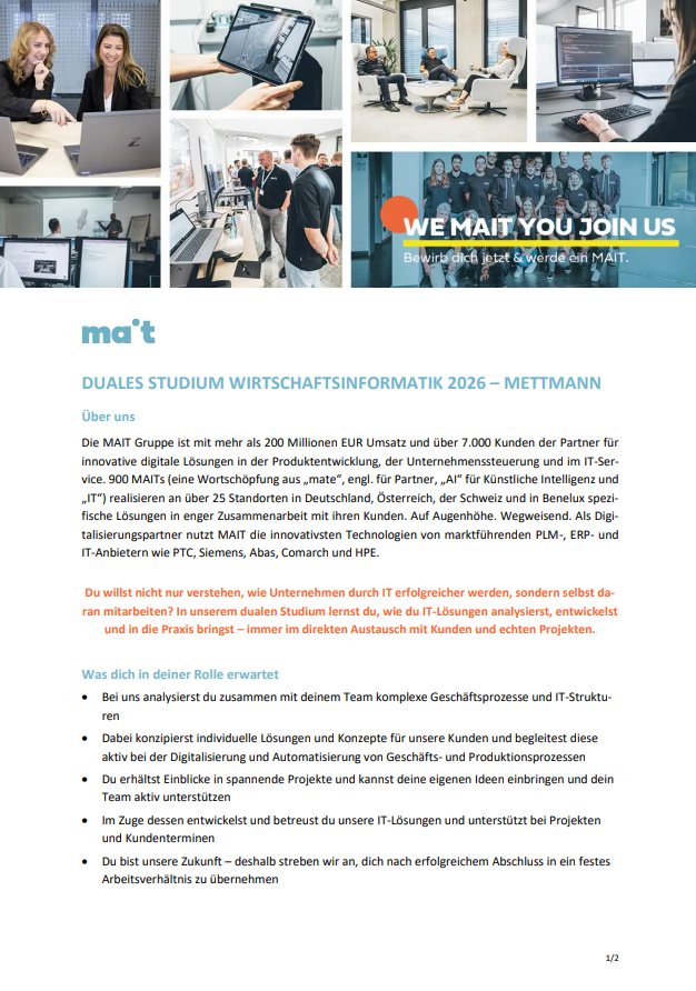 MAIT GmbH: Duales Bachelor-Studium Wirtschaftsinformatik (B.Sc.)
