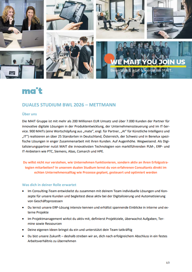 MAIT GmbH: Duales Bachelor-Studium Betriebswirtschaft (B.A.)