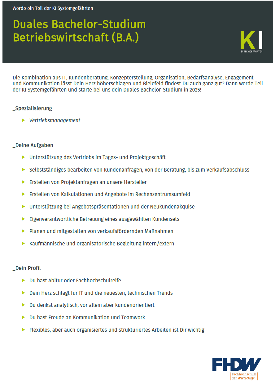 KI GmbH: Duales Bachelor-Studium Betriebswirtschaft – Vertriebsmanagement (B.A.)
