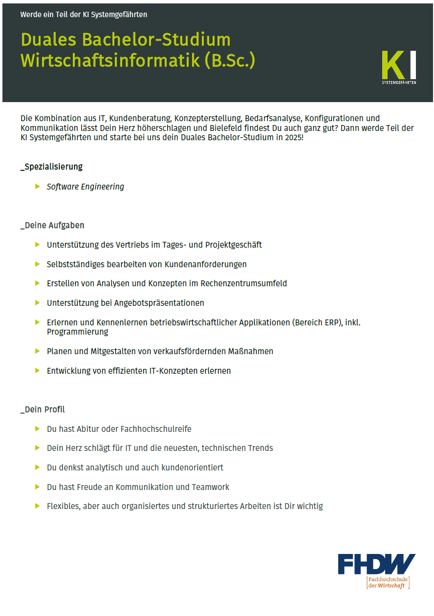 KI GmbH: Duales Bachelor-Studium Wirtschaftsinformatik – Software Engineering (B.Sc.)