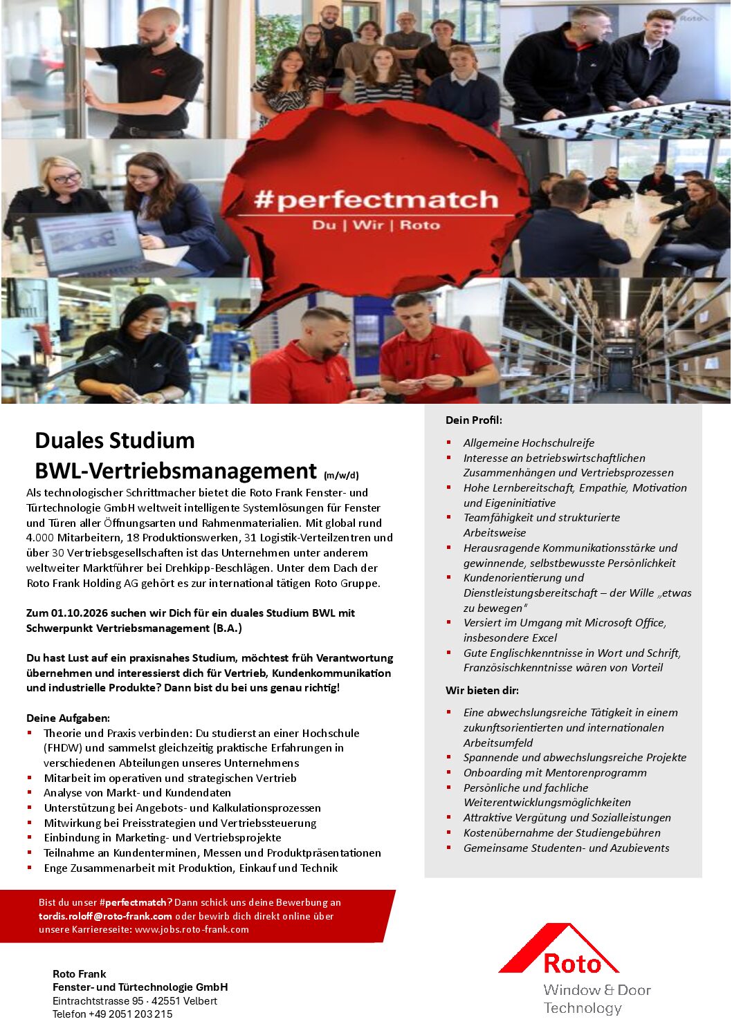 Roto Frank Fenster- und Türtechnologie GmbH: Duales Bachelor-Studium Betriebswirtschaft (B.A.) – Vertrieb