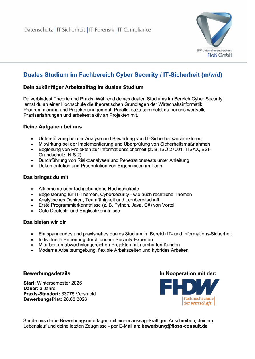 EDV-Unternehmensberatung Floß GmbH: Duales Bachelor-Studium Wirtschaftsinformatik – Cyber Security (B.Sc.)