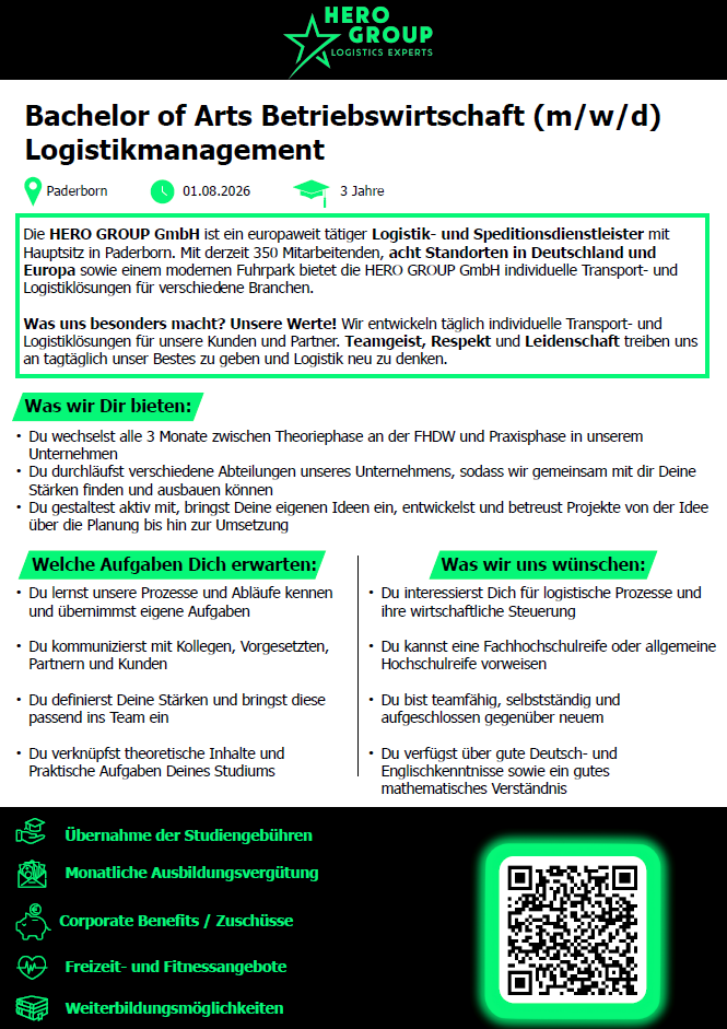 HERO Group GmbH: Duales Bachelor-Studium Betriebswirtschaft – Logistikmanagement (B.A.) (m/w/d)