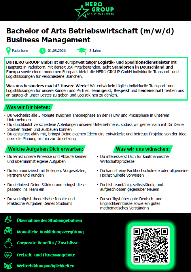 HERO Group GmbH: Duales Bachelor-Studium Betriebswirtschaft – Business Management (B.A.) (m/w/d)