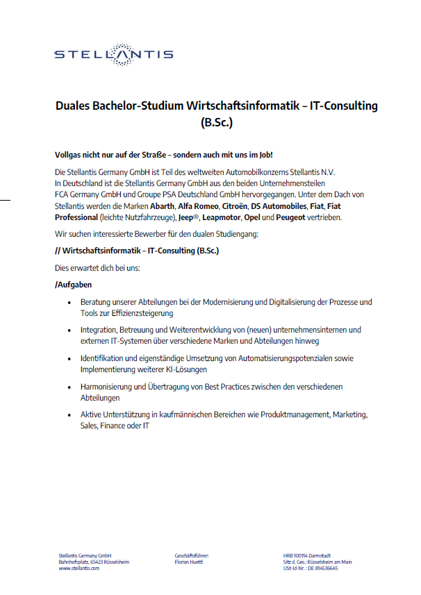 Stellantis Germany GmbH: Duales Bachelor-Studium Wirtschaftsinformatik – IT-Consulting (B.Sc.)
