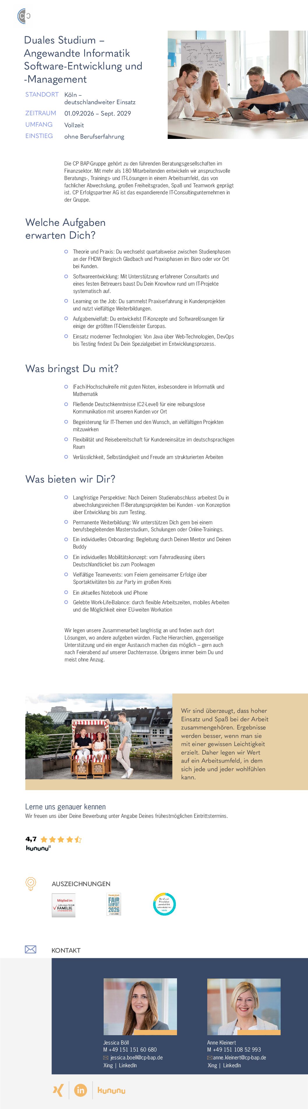 CP Erfolgspartner: Duales Bachelor-Studium – Angewandte Informatik – Software Development & Management (B.Sc.)