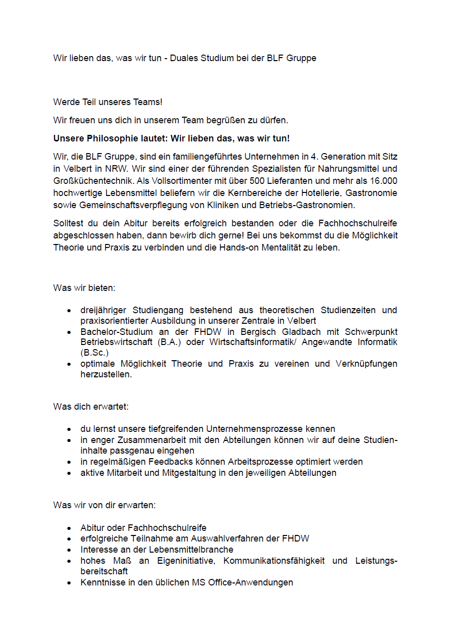 BLF Holding GmbH & Co. KG: Duales Bachelor-Studium Angewandte Informatik (B.Sc.), Wirtschaftsinformatik (B.Sc.) oder Betriebswirtschaft (B.A.)