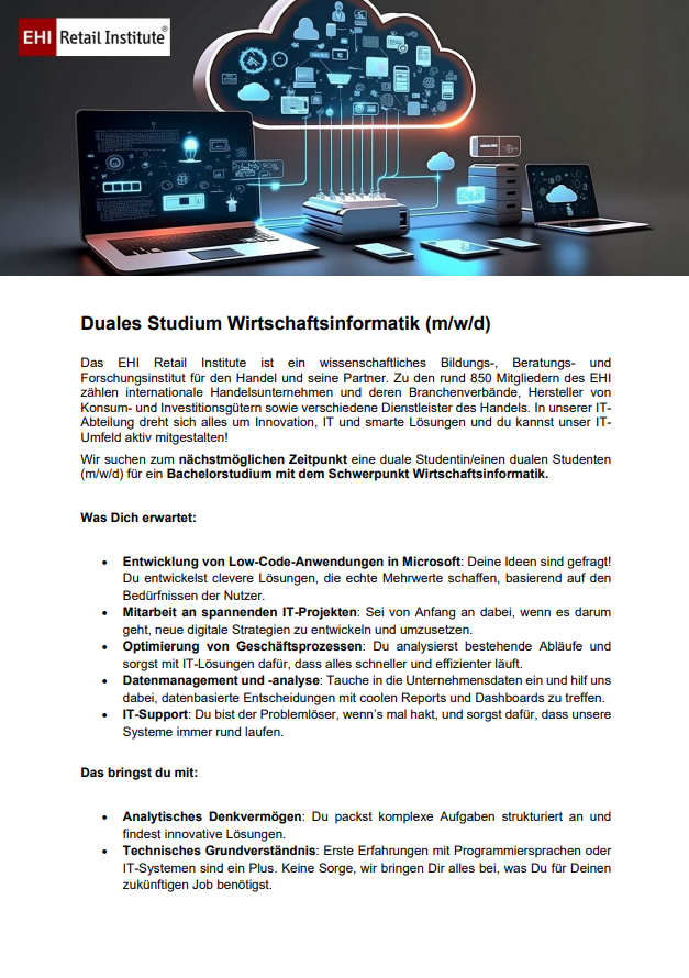 EHI Retail Institute GmbH: Duales Bachelor-Studium Wirtschaftsinformatik (B.Sc.)