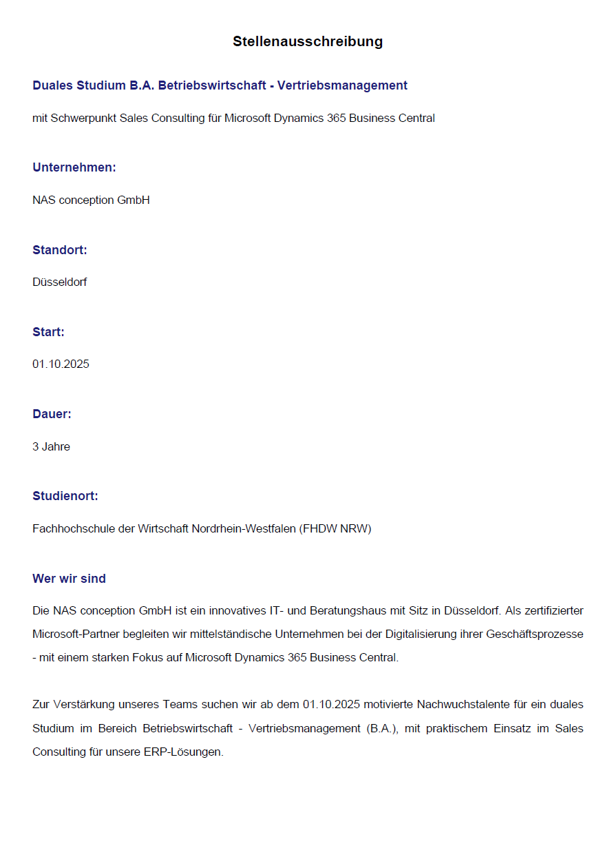 NAS conception GmbH: Duales Bachelor-Studium Betriebswirtschaft – Vertriebsmanagement (B.A.)