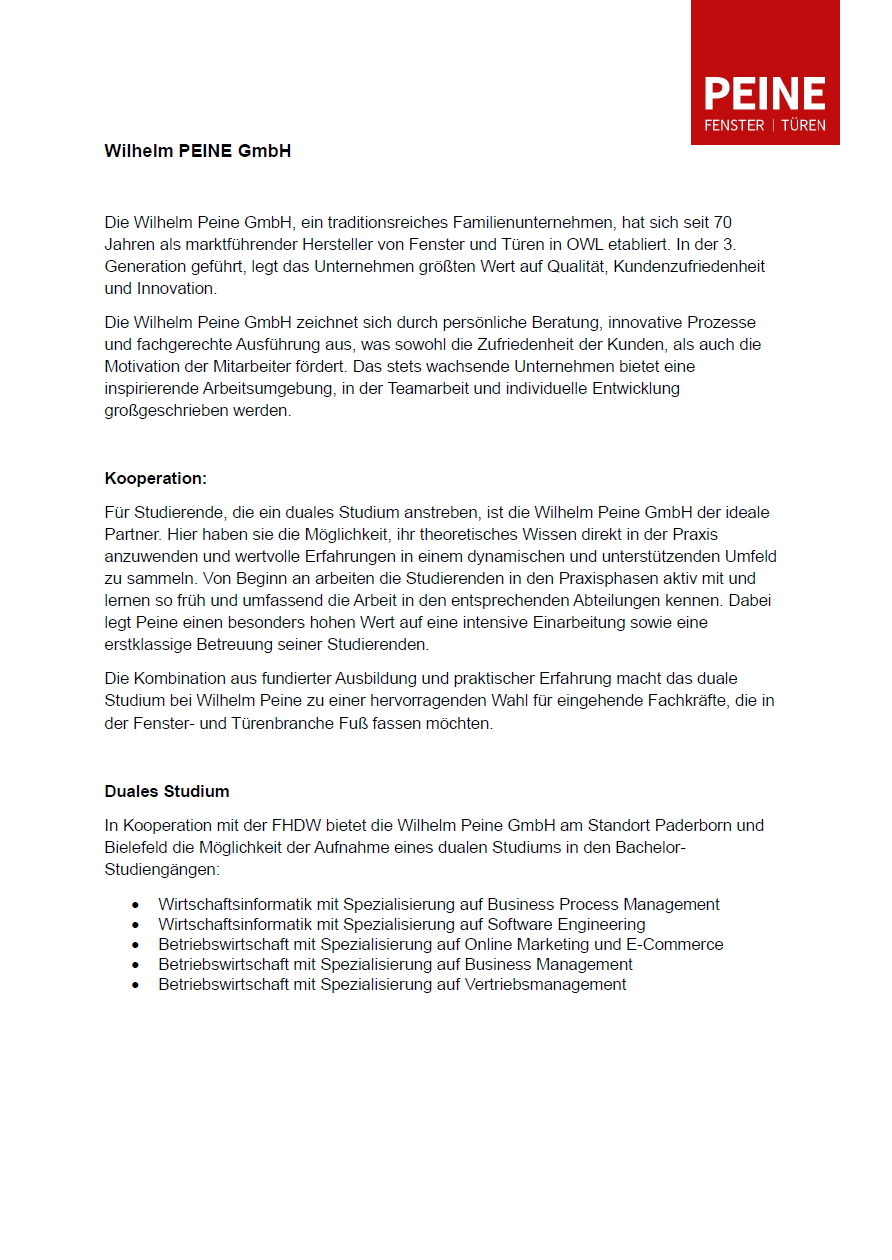Wilhelm Peine GmbH: Duales Bachelor-Studium Wirtschaftsinformatik – Business Process Management oder Software Engineering (B.Sc.)