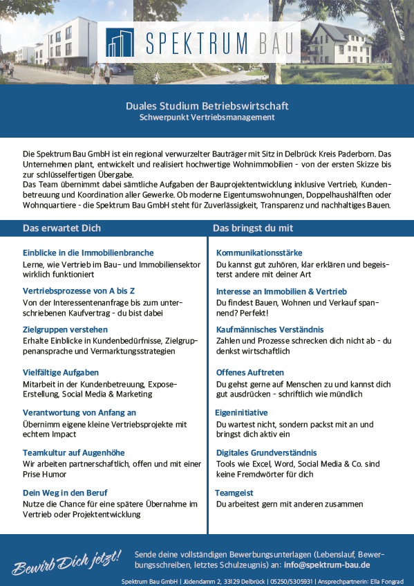 Spektrum Bau GmbH: Duales Bachelor-Studium Betriebswirtschaft – Vertriebsmanagement (B.A.)