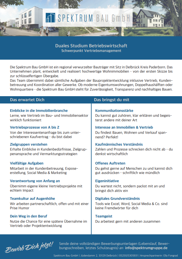 Spektrum Bau GmbH: Duales Bachelor-Studium Betriebswirtschaft – Vertriebsmanagement (B.A.)