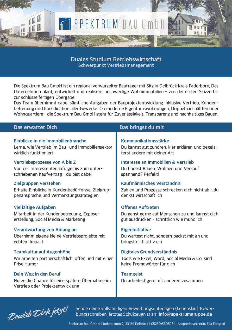 Spektrum Bau GmbH: Duales Bachelor-Studium Betriebswirtschaft – Vertriebsmanagement (B.A.)