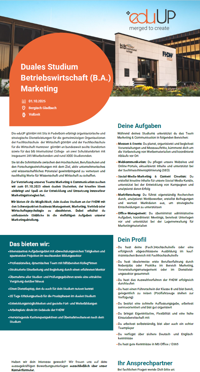 eduUP gGmbH: Duales Bachelor-Studium Betriebswirtschaft (B.A.)