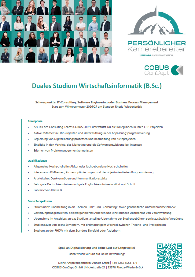 COBUS ConCept GmbH: Duales Bachelor-Studium Wirtschaftsinformatik- IT-Consulting, Software Engineering oder Business Process Management (B.Sc.)