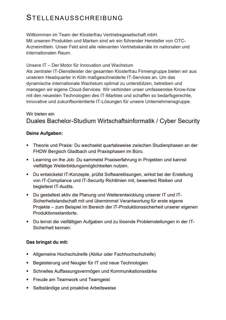 Klosterfrau Vertriebsgesellschaft mbH: Duales Bachelor-Studium Wirtschaftsinformatik – Cyber Security (B.Sc.)