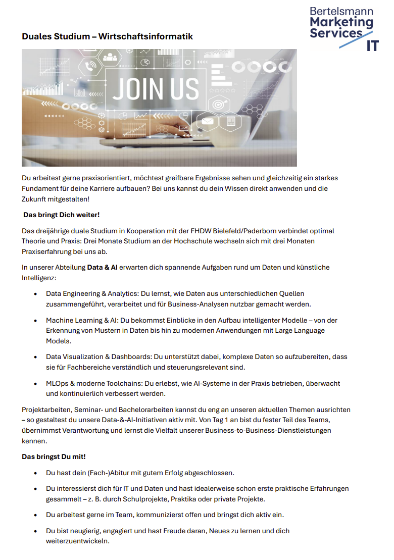 Bertelsmann Marketing Services: Duales Bachelor-Studium Wirtschaftsinformatik (B.Sc.)