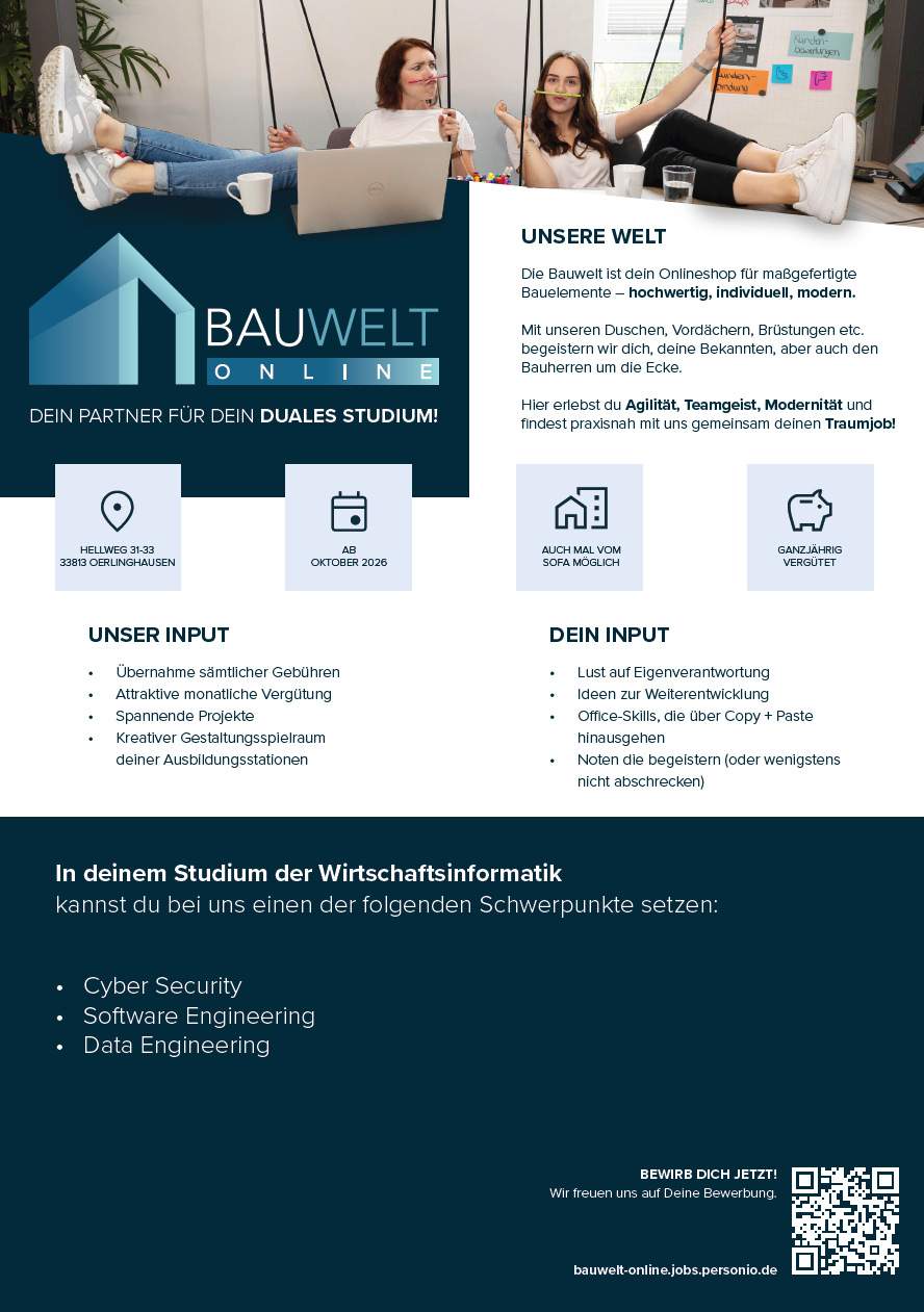 Bauwelt Glas- und Stahlprodukte Online GmbH: Duales Bachelor-Studium Wirtschaftsinformatik (B.Sc.)
