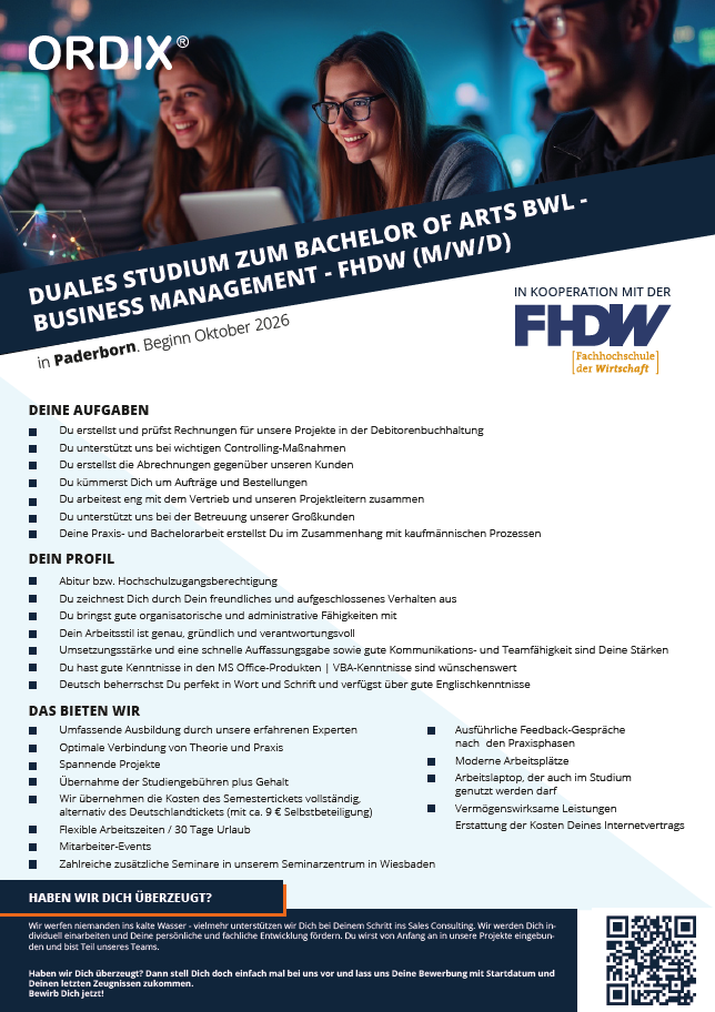 ORDIX AG: Duales Bachelor-Studium Betriebswirtschaft (m/w/d) – Business Management (B.A.)