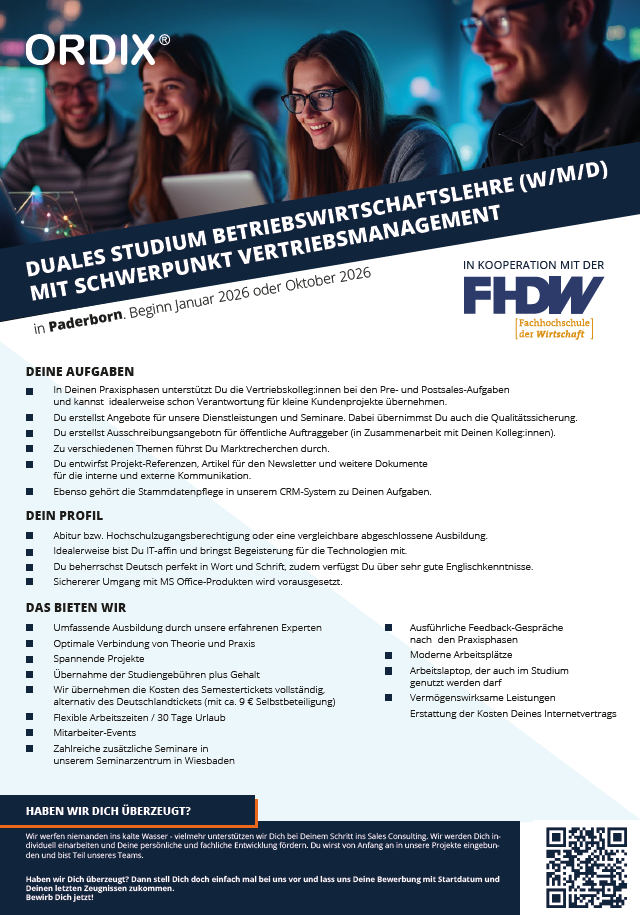 ORDIX AG: Duales Bachelor-Studium Betriebswirtschaft (m/w/d) – Vertriebsmanagement (B.A.)