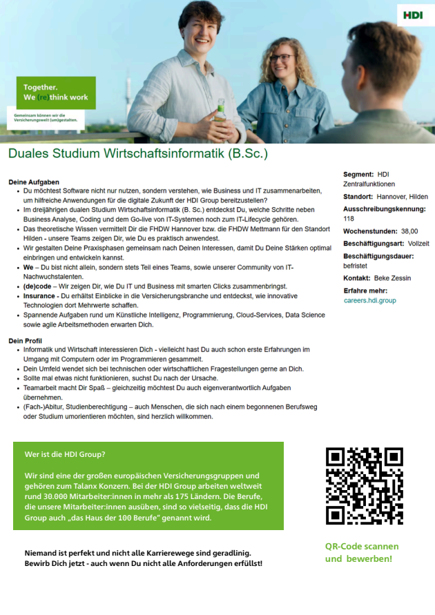 HDI AG: Duales Bachelor-Studium Wirtschaftsinformatik (B.Sc.)