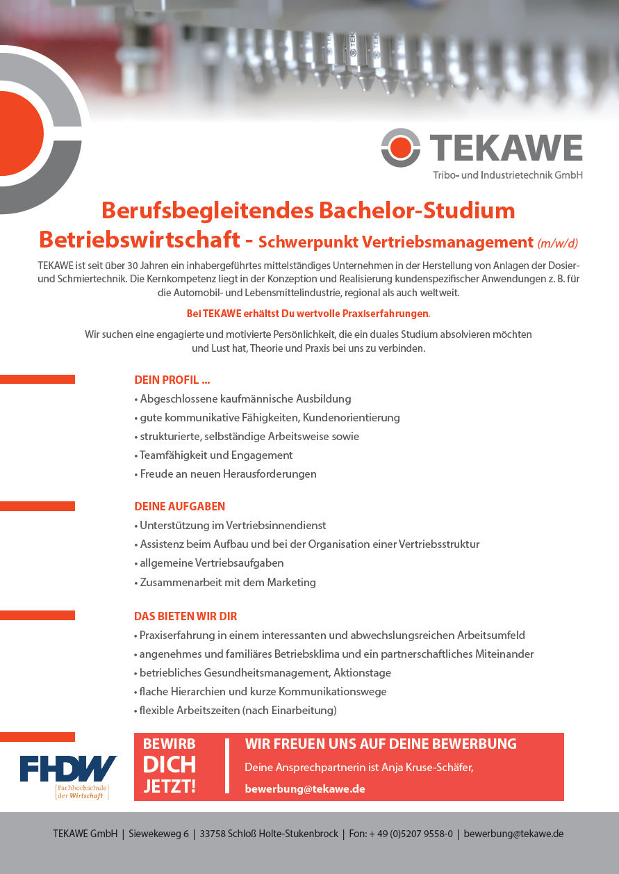 TEKAWE GmbH: Berufsbegleitendes Bachelor-Studium Betriebswirtschaft – Vertriebsmanagement (B.A.)